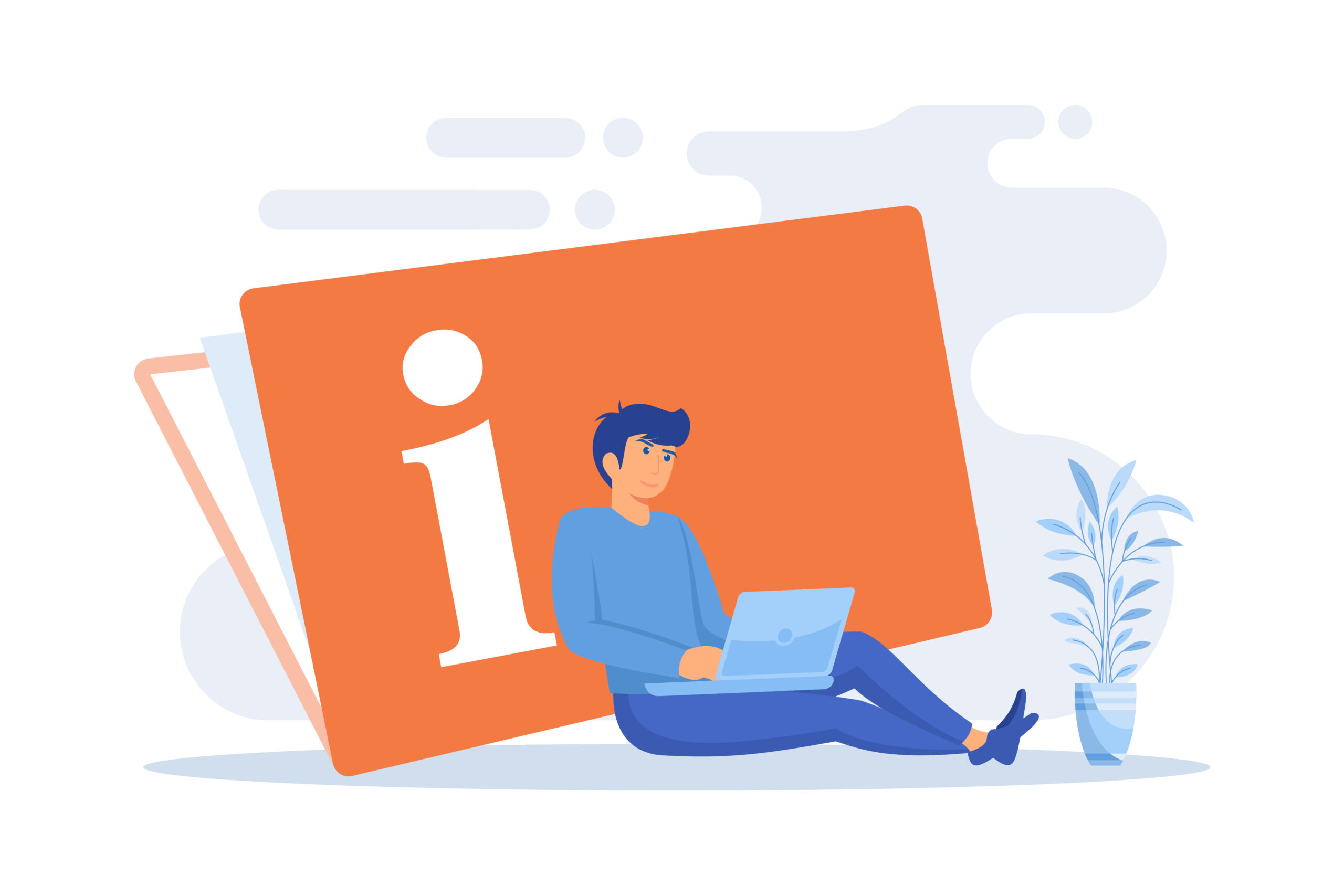 Instruction manual. Smart man with laptop studying handbook, reading guidebook cartoon character. Use terms, tutorial guide, digital documentation. flat vector modern illustration